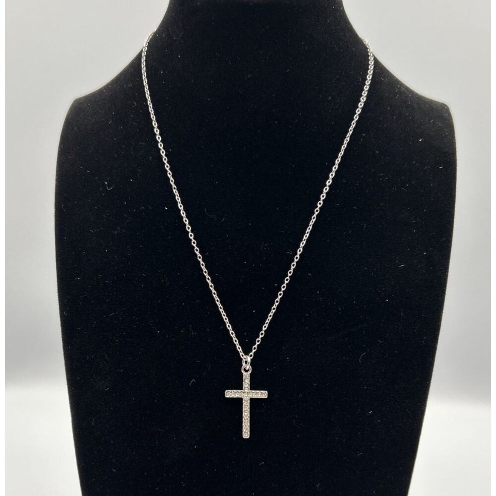 Vintage Silver Tone White Rhinestone Cross Pendant 18" Necklace NIB